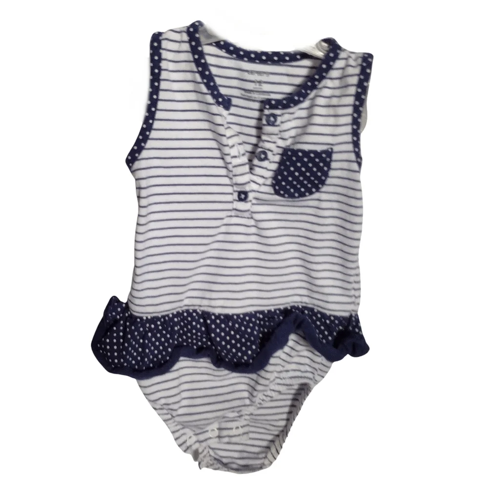Bn) Carter’s Baby Girl 12M Striped & Polka Dot Ruffle Romper – Summer Outfit